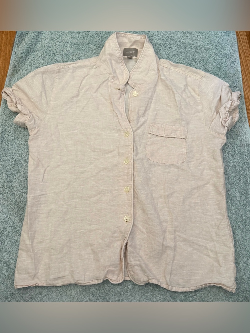 J. Crew Pale Pink Linen Short-Sleeve Button-Down Shirt Size Small